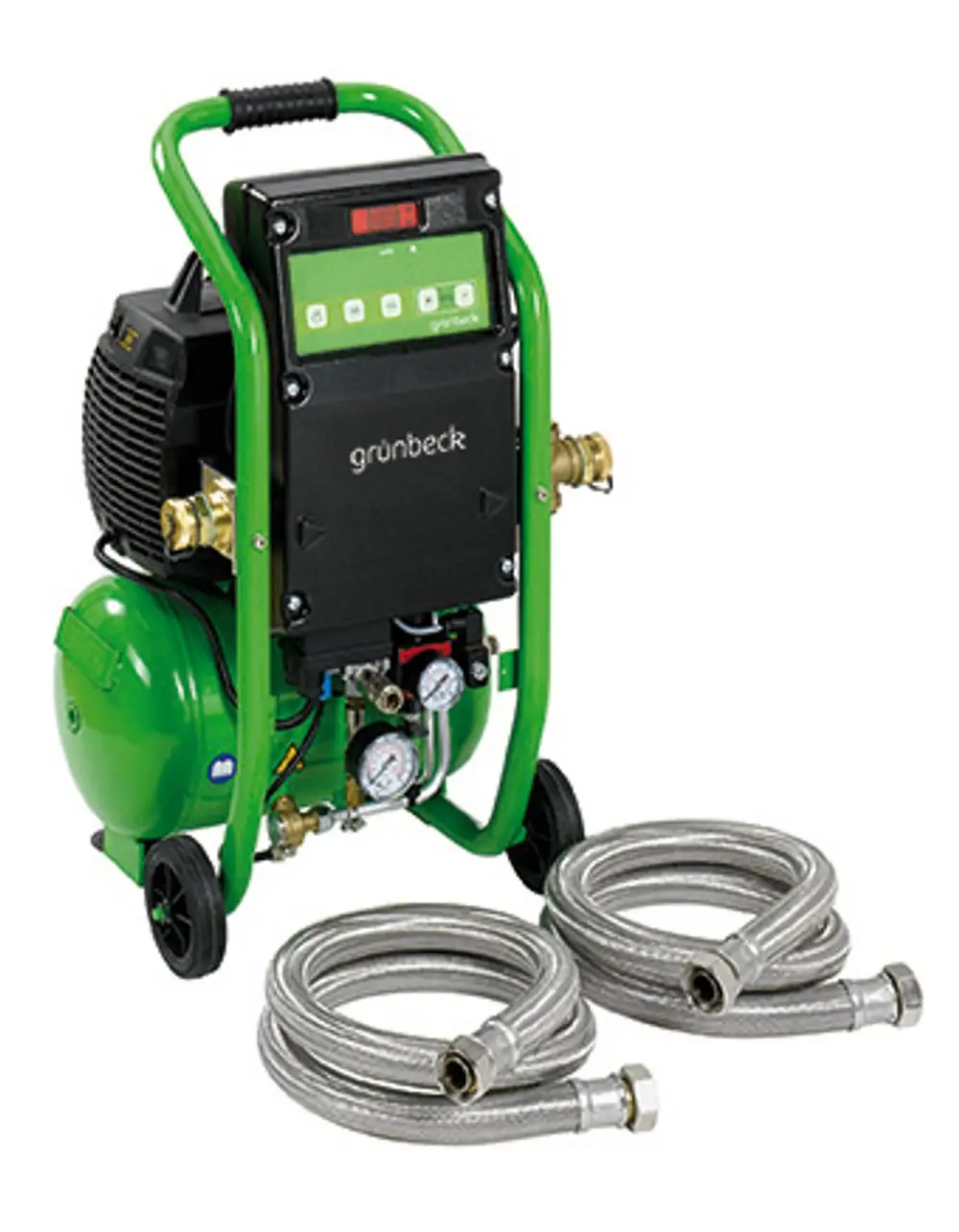 Grünbeck Spülkompressor mit Bedienfeld, Druckmanometer und zwei flexiblen Schlauchleitungen für Anschluss und Anwendung. Kompakte Bauform mit Transportgriff und Rädern.